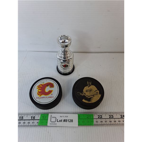 Calgary Flames & Battle of the Badges Pucks and Ottawa Senators Mini Stanley Cup
