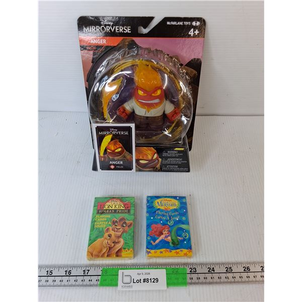 Inside Out Anger Figurine, Lion King & Little Mermaid Playing Cards- All Sealed