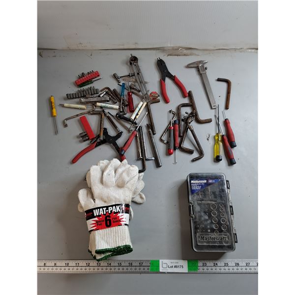Mastercraft Screwdriver Bit & Nut Set, (6) Pairs of Watson Poly/Cotton Gloves, Caliper, Misc.