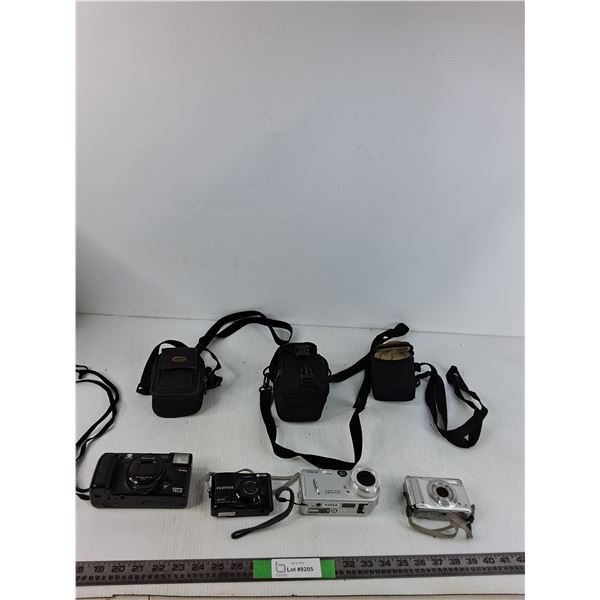 (4) Vintage Cameras- Minolta, Fujifilm, Sony, (3) Camera Bags ( as is)