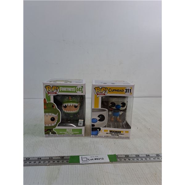 (2)POP Games Figurines- Fortnight Rex & Cuphead Mugman ( as is, NIB)
