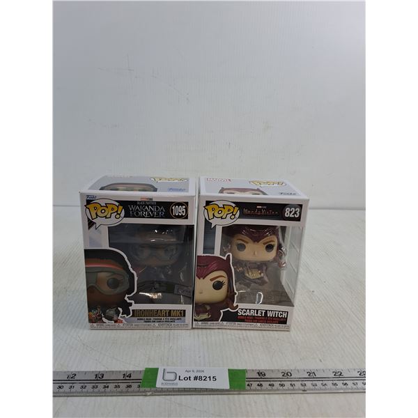 (2) POP Marvel Figurines- Wakenda Forever Ironheart MK1 & Wanda Vision Scarlet Witch ( NIB, as is)
