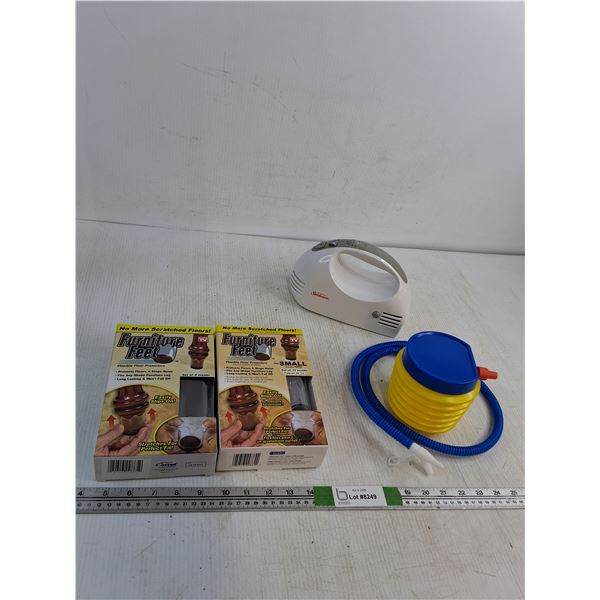(2) Boxes Of Furniture Feet, Sunbeam Corded Mixer ( as is), Misc