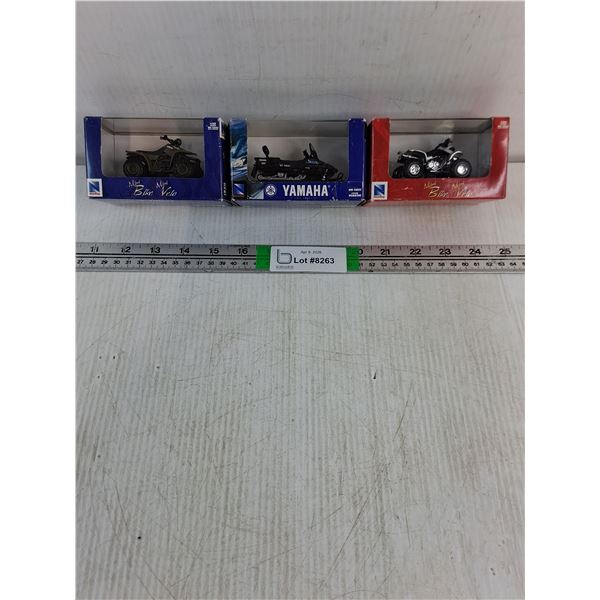 (3) 1:32 Die-Cast Quads and Snowmobile (NIB)