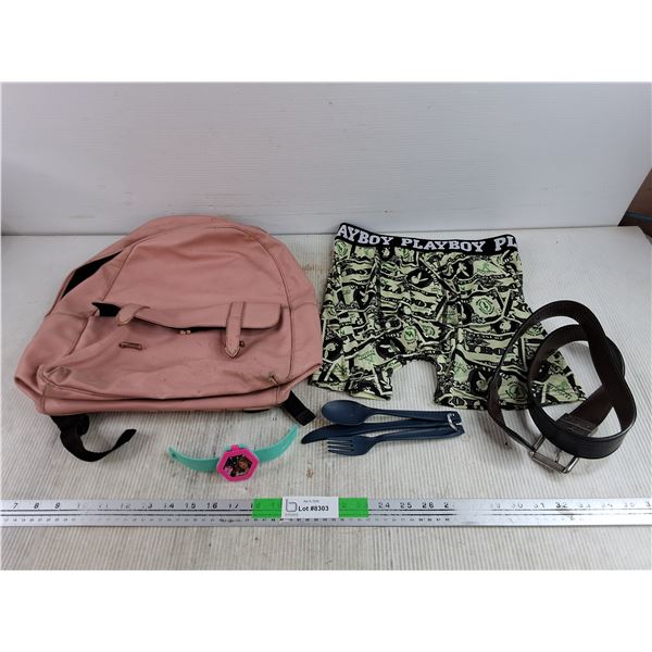 Faux Leather Backpack, Playboy Boxers, Plastic Cutlery 