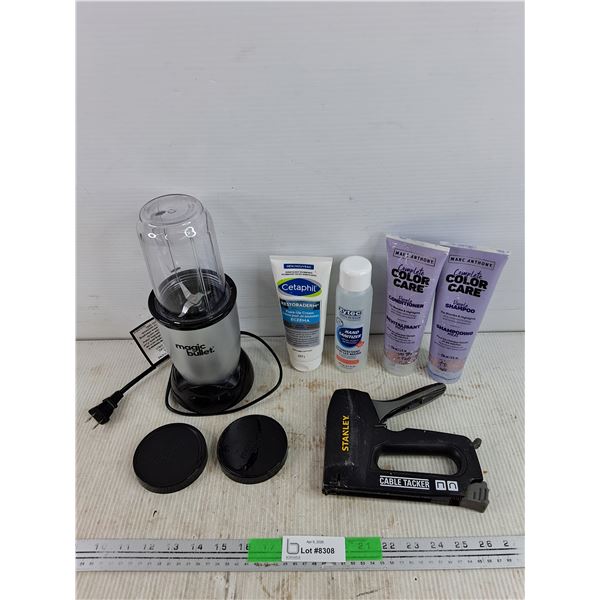 Magic Bullet Blender, Powers On, As Is, Purple Conditioner & Shampoo, Hand Sanitizer,  Stapler, Misc