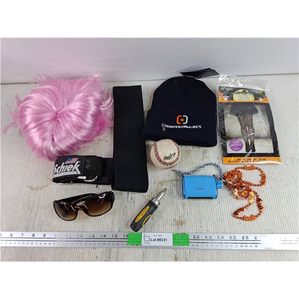 Ratcheting Screwdriver, Sunglasses, Pink Wig, Winter Toque, Baseball, Fishnet Tights, Misc