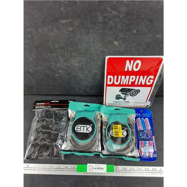No Dumping Sign 10" x 7", Plastic Jaw Clips, TV Cables, Eyebrow Razors