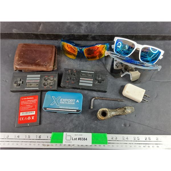 Leather Wallet, Sunglasses, Joysticks, Li Ion Battery, Smoking Pipe, Misc