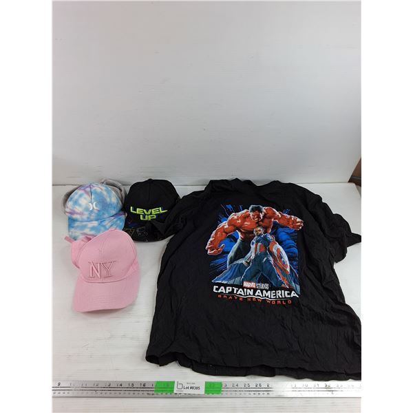 (3) Ball Caps & Captain America T Shirt - Size L
