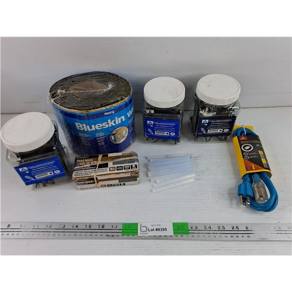 Drywall Screws, Brad Nails, Henry Blueskin Window & Door Flashing, Glue Sticks, Extension Cord