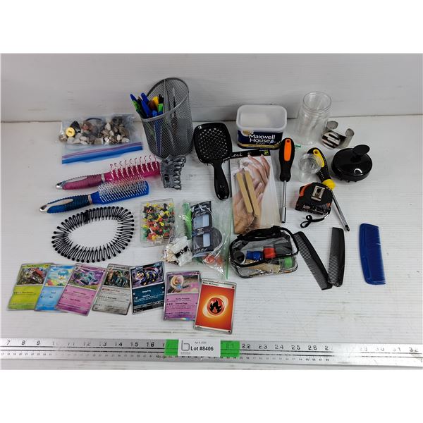 Hair Brushes, Tape Measure, Pokémon Cards, Pens, Hair Clip, Misc