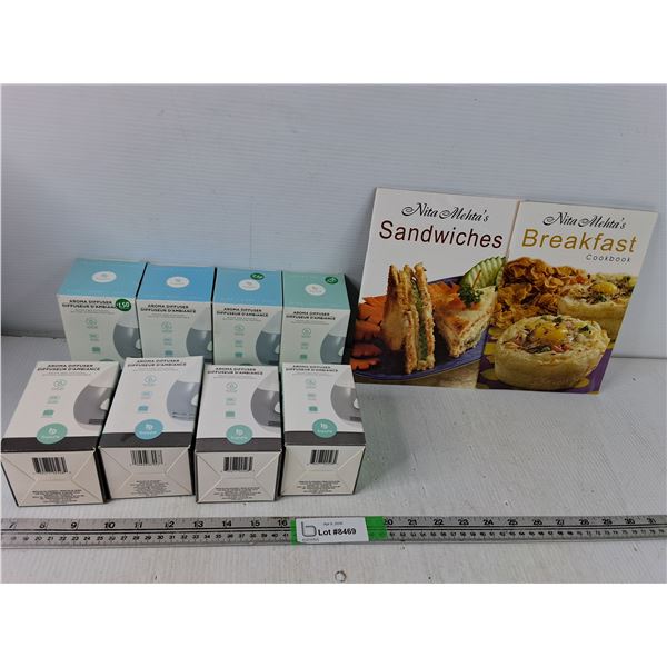 (8) Aroma Diffusers, NIB & (2) Cook Books