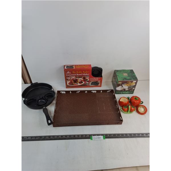 18" x 12" Metal Serving Tray, Omelette Fry Pan, New Gourmet Bowl Maker & Square Serving Set