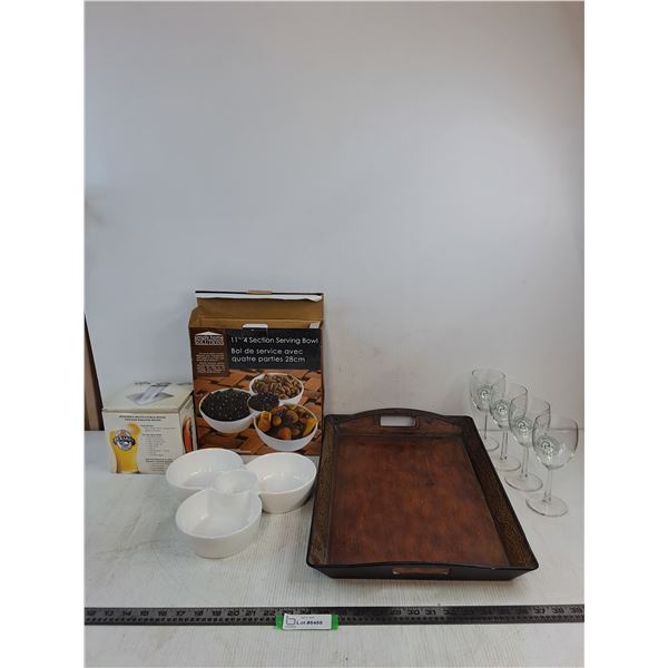 20x13" Serving Tray, New Sectional Serving Bowl,  Set of 4 Wine Glasses, Rickard's Chicken Roaster