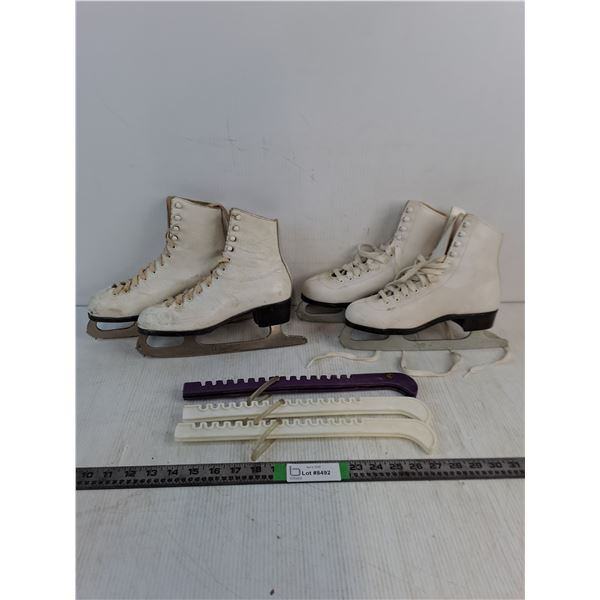 (2) Pairs of Women's Size 5 Leather Figure Skates (Daoust & Lange), 3 Skate Guards