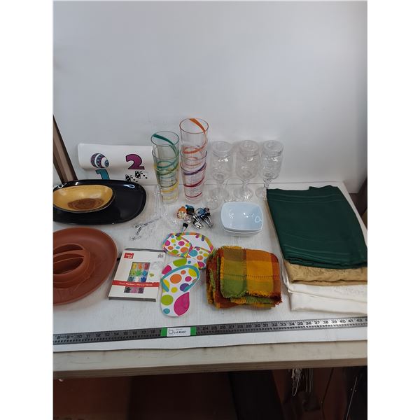Plastic Tumblers & Platters, Tablecloths, Bottle Stoppers, Markers, Misc