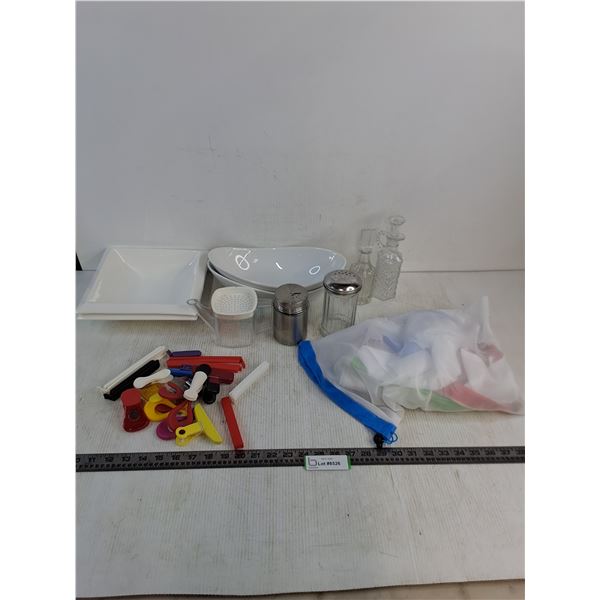 Assorted Dishes, Condiment Dispensers, Bag Clips, Mesh Bags