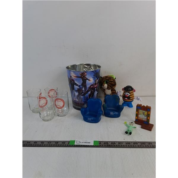 (4) Baseball Themed Glasses, Avengers Endgame Popcorn Tub - 7" Diameter, Simpsons Figurines, Misc.