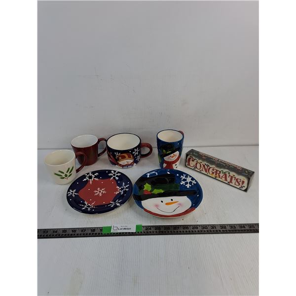 (4) Christmas Themed Mugs Up to 5" Diameter, (2) Winter Themed Plates Up To 8.5", Congrats Candle Ap