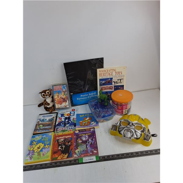 Children's Books, DVDs, Woodcrafting Heritage Toys Book, Poster Board, Beads, Misc
