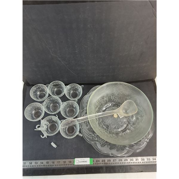 Glass Punch Set With (8) Cups 3.5", Bowl 11",  Ladle, And Plate 15" - PICK UP