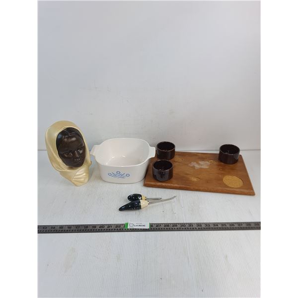 Ceramic Woman In Hijab 10", Ceramic Baking Dish 3L, (3) Cups 3" With Wooden Board, 16"x10"Misc