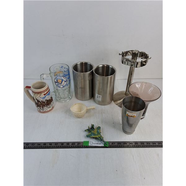 (2) Metal Kitchen Strorage 5.5", (2) Beer Stein Up to 8",  Glass Vase 7", Metal Diplay 11", Misc