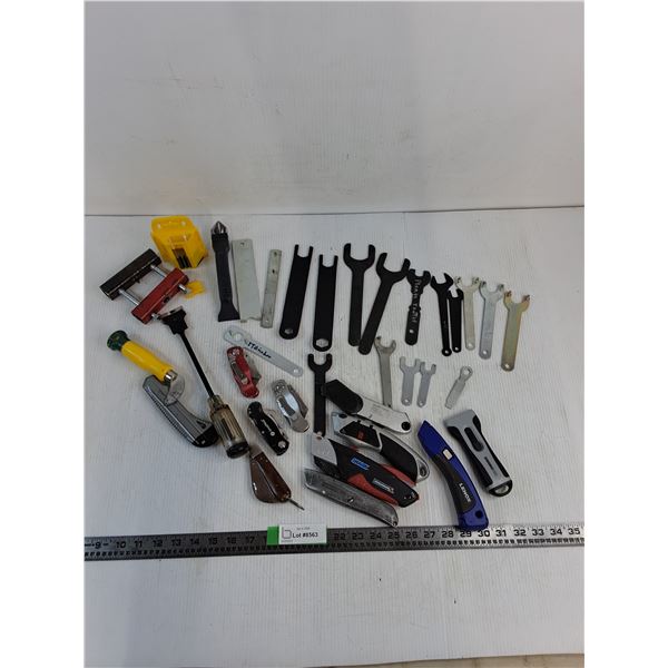 Various Tools, Wrenches, Scrapers, Utility Knives, Misc