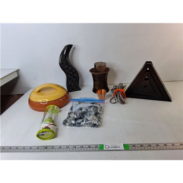 Glass Beads, Curling Rock Style Ceramic Storage Container, Wine Aerator, Misc.