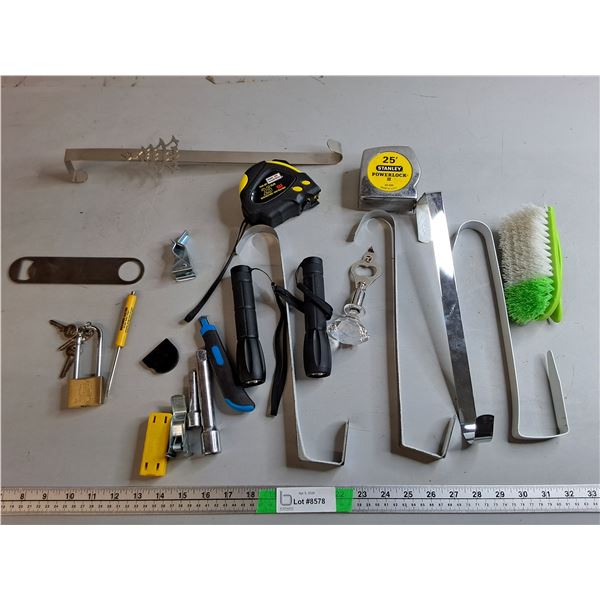 Tape Measures, Brinks Padlock with Keys, Flashlights- As Is, Misc.