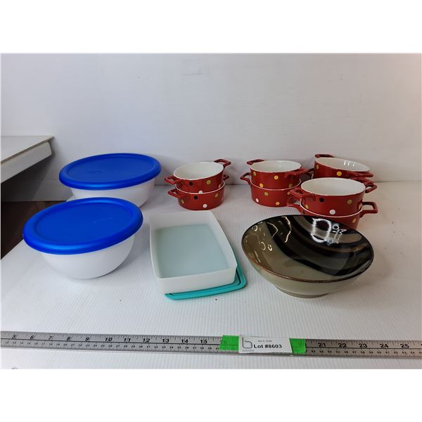 (8) Paderno Ceramic Bowls, Sango Bowl, Sterilite Plastic Bowls with Lids