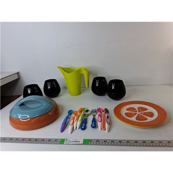 Ceramic Container, Baby Spoons, (4) Wine Tumblers, Misc.
