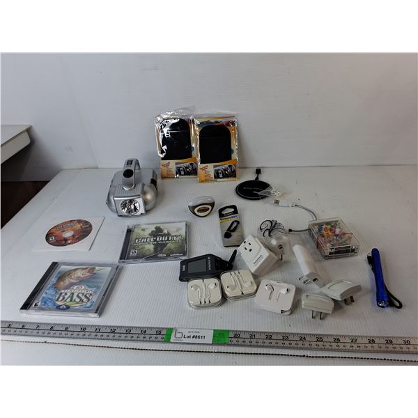Toolkit/Flashlight- Powers On, Call of Duty 4, Championship Bass, Vietcong CD Roms, Pushpins, Misc.
