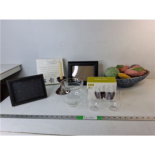 Artificial Fruit Set, Photo Frames, Plastic Wine Tumblers, Misc.
