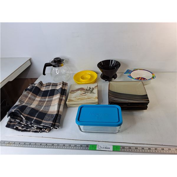 Earthenware Dessert Plates, Fabric Placemats, Coffeepot, Misc.