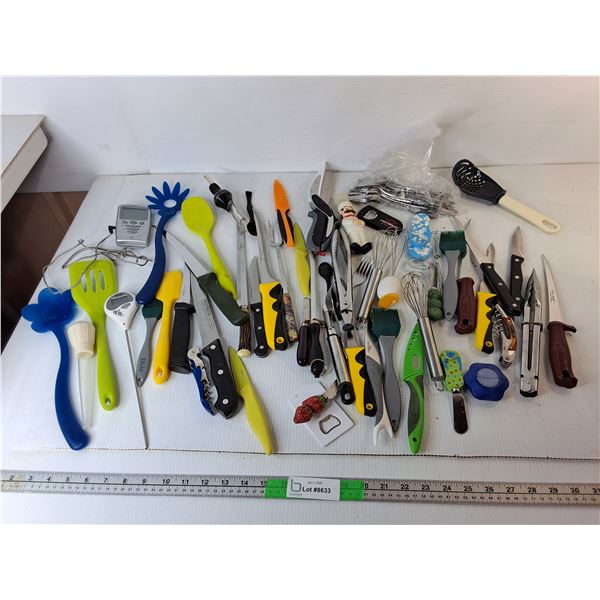 Kitchen Lot-Spoons, Knives, Whisks, Misc.