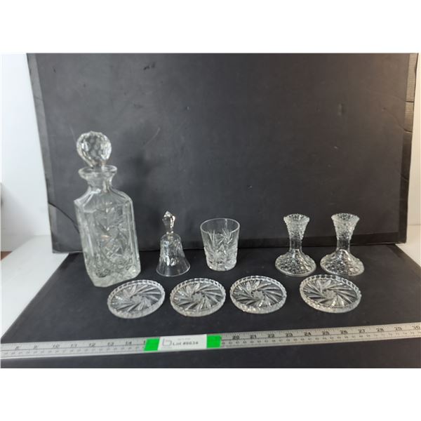 Mostly Crystal Set- Decanter, Bell, Coasters, Candleholders, Glass