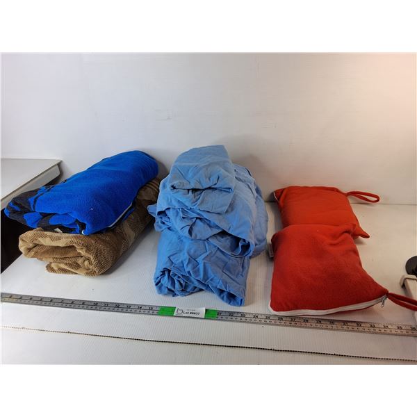 (2) Bath Towels, Approx. Double Sheet Set, Air Canada Throw Blankets & Bags