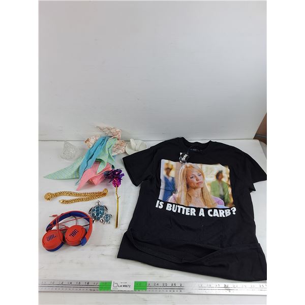 Is Butter a Carb T Shirt - Size S, JBL Headphones, Faux Rose, Necklace, Misc