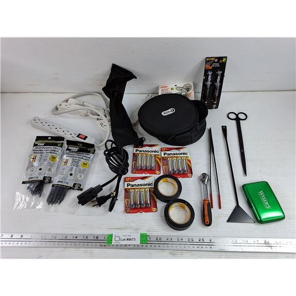 Extension Cord, Power Bar, Electronics Organizer, AA Batteries, Electrical Tapes, Misc