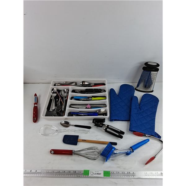 Cutlery Organizer, Cutlery, Cheese Grater, Oven Mitts, Can Opener, Tongs, Whisk, Misc