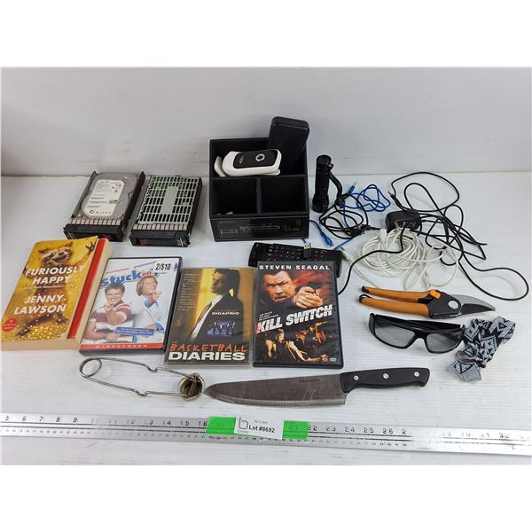 250GB Hard Drive, Pruning Shears, Lighter, Kitchen Knife, LED Flashlight, Cables, Misc, As Is