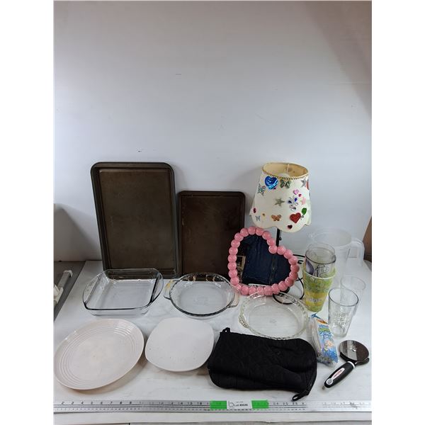 Heart Shaped Mirror, Table Lamp, Oven Mitts, Plastic Pitcher, Glasses, Pizza Cutter, Misc