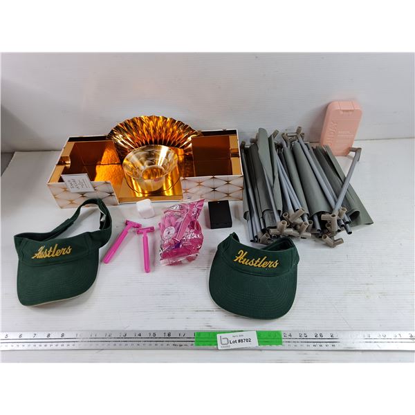 (2) Hustlers Golf Caps, Twin Blade Razors for Woman, USB Wall Charger, Touch of Gold Box, Misc