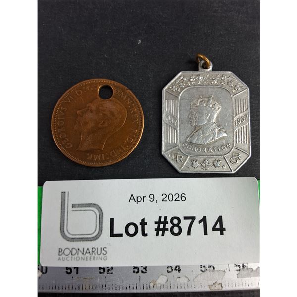Vintage 1945 One Penny Coin & May 1937 Coronation Pendant