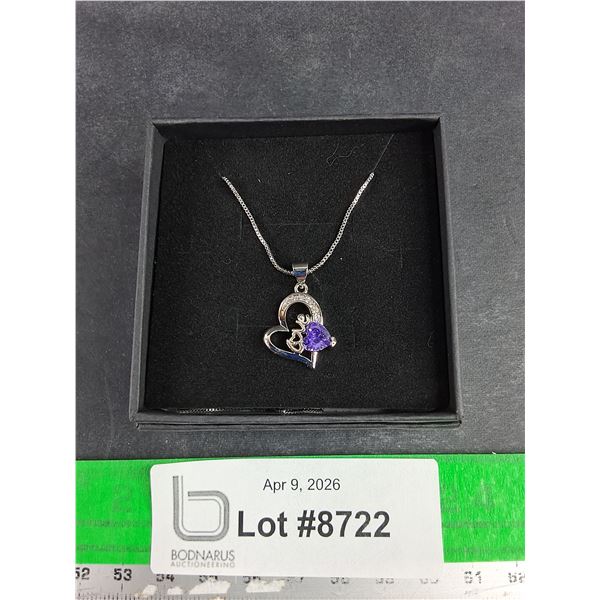 Silver Necklace w/Heart Shaped Purple Stone Pendant - CANNOT AUTHENTICATE
