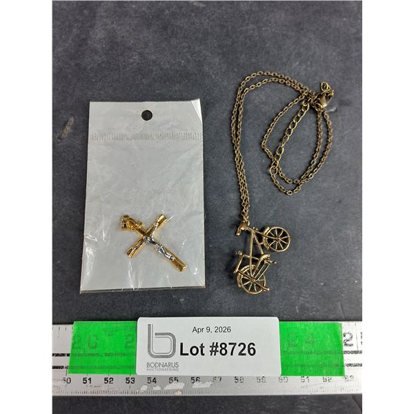 Brass Necklace w/ Bicycle Pendant, Crucifix Pendant
