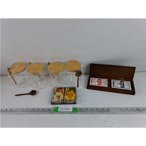 (4) Kitchen Storage Canisters w/Wooden Spoons & Playing Cards