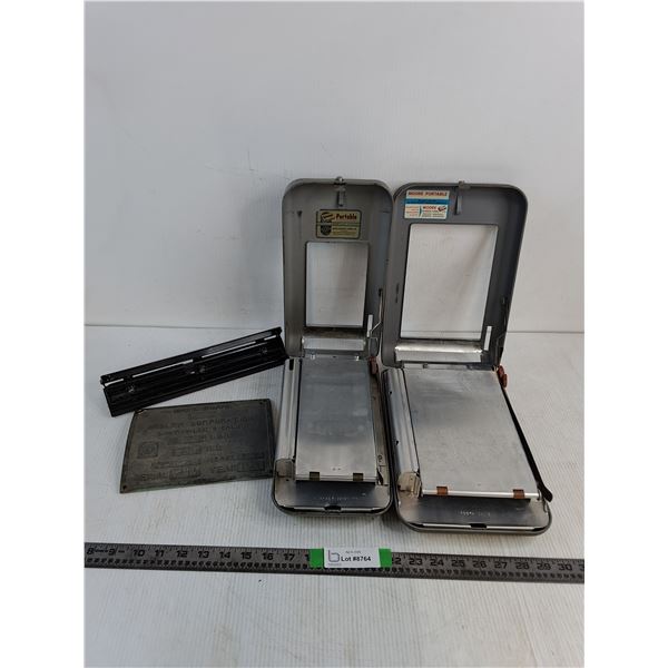 (2) Moore Portable Invoice Receipt Machines Up To 7.5"x11", Vintage Machine Brass Dataplate 8"x6", H